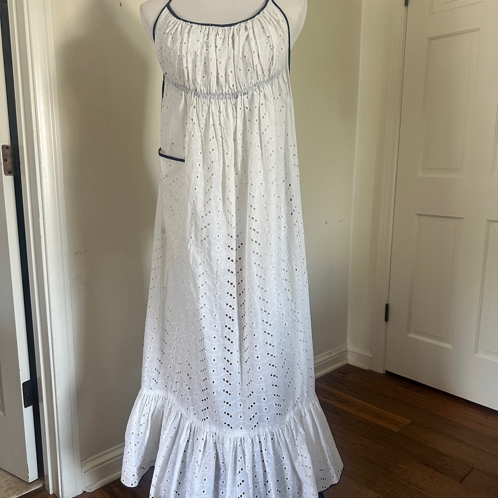 Vintage White Eyelet Maxi apron with Blue Trim